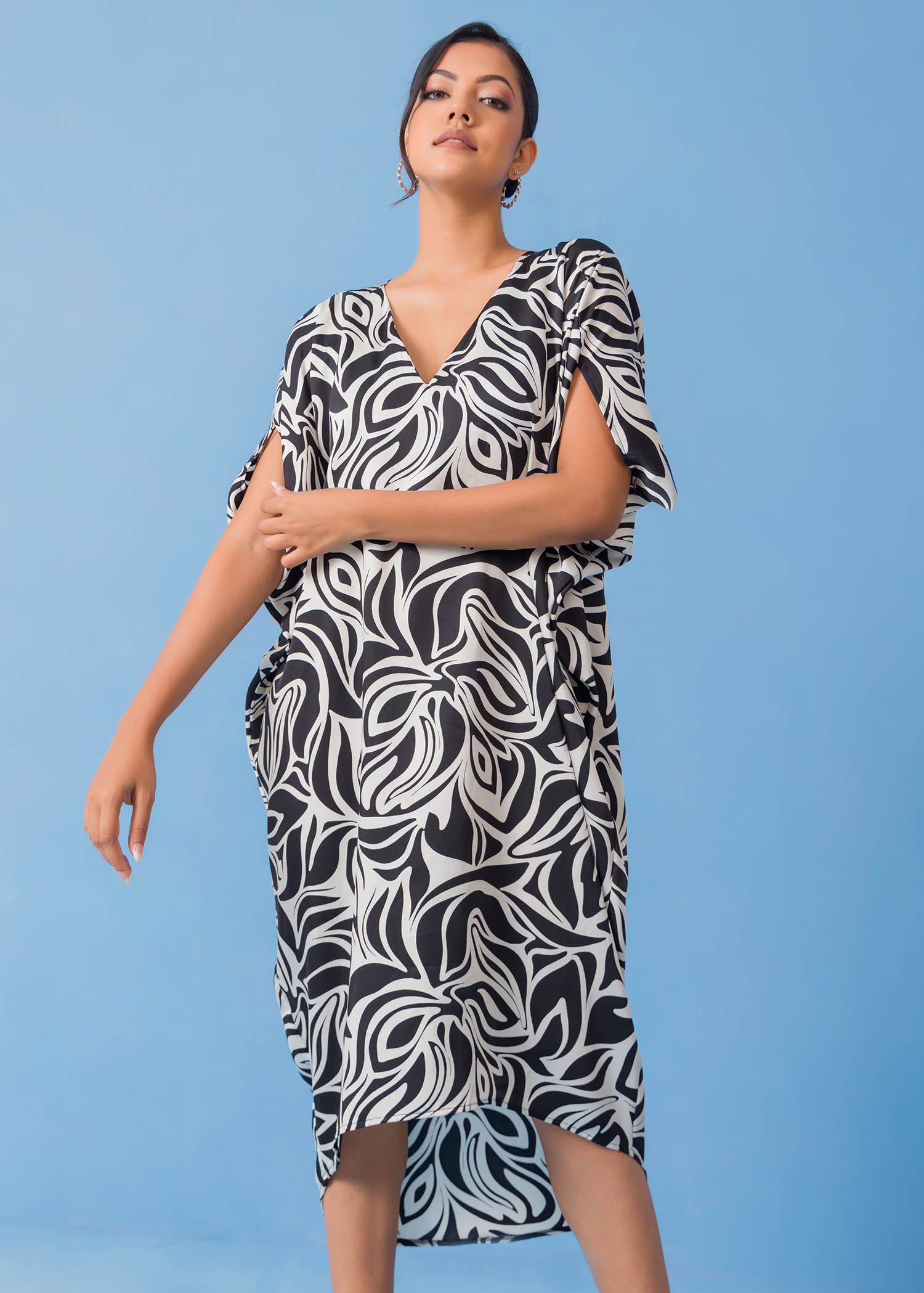 V Printed Neck Kaftan Dress