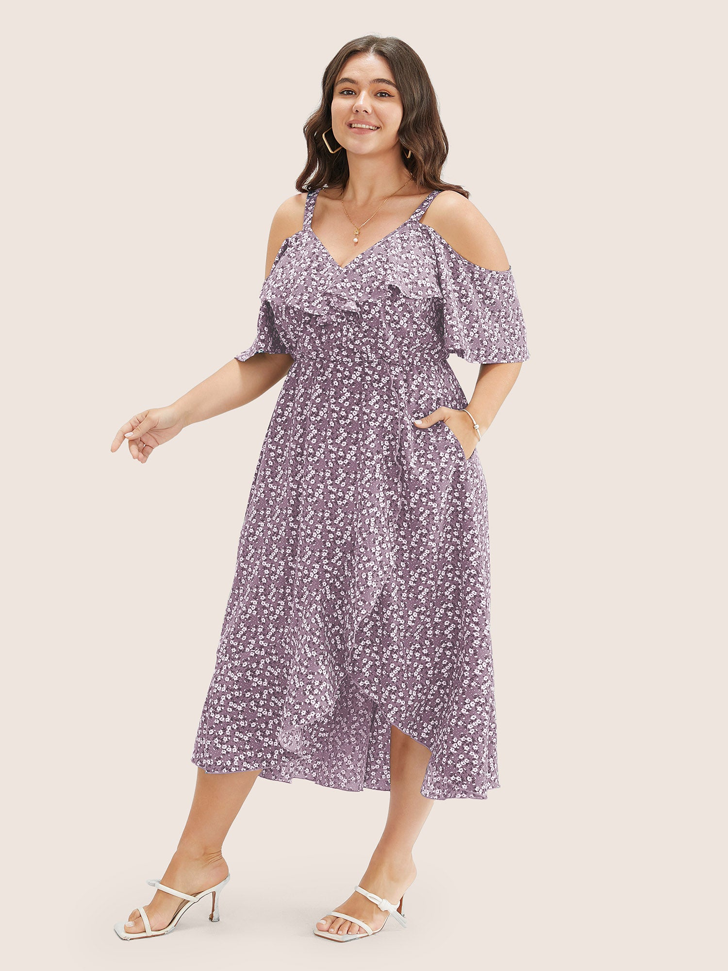 Ditsy Floral Pocket Wrap Cold Shoulder Ruffle Dress