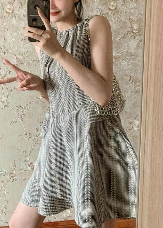 French Grey Striped Lace Up Cotton Mini Dress Sleeveless