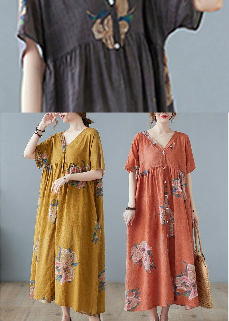 Plus Size Grey Retro Button Summer Print Half Sleeve Maxi Dress