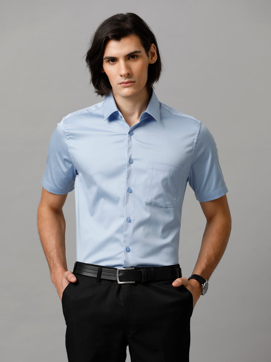 Men Solid Formal Light Blue Shirt (SABBL)