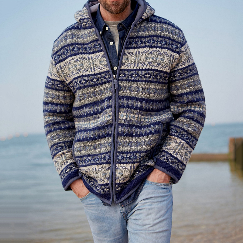 Mens Vintage Fair Isle Knitted Hooded Cardigan