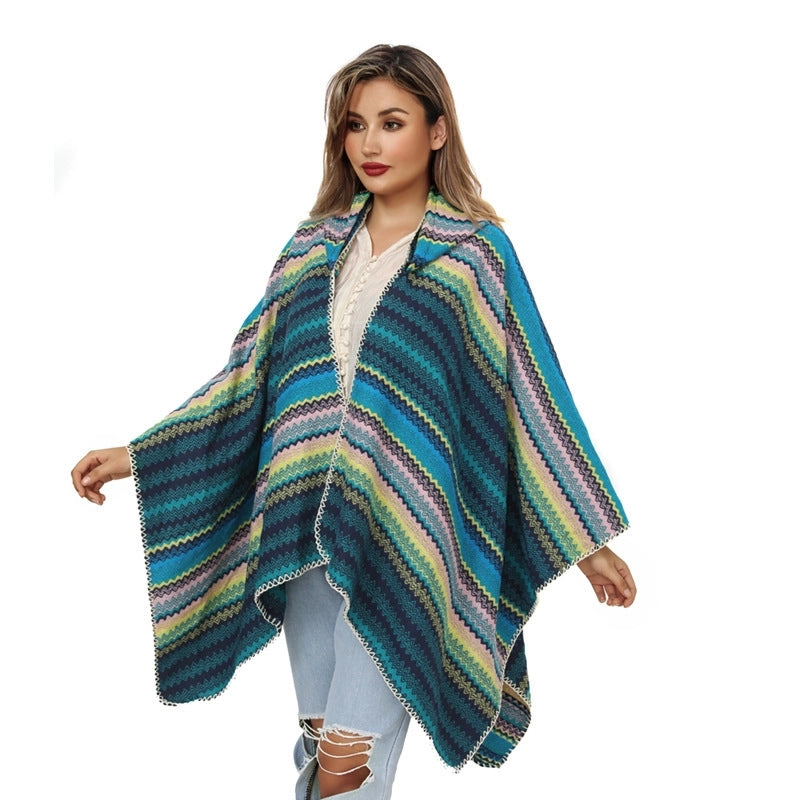 Thick Hat Cape Shawl Autumn And Winter Warm Striped Knitted Shawl Woven Split Cape For Women