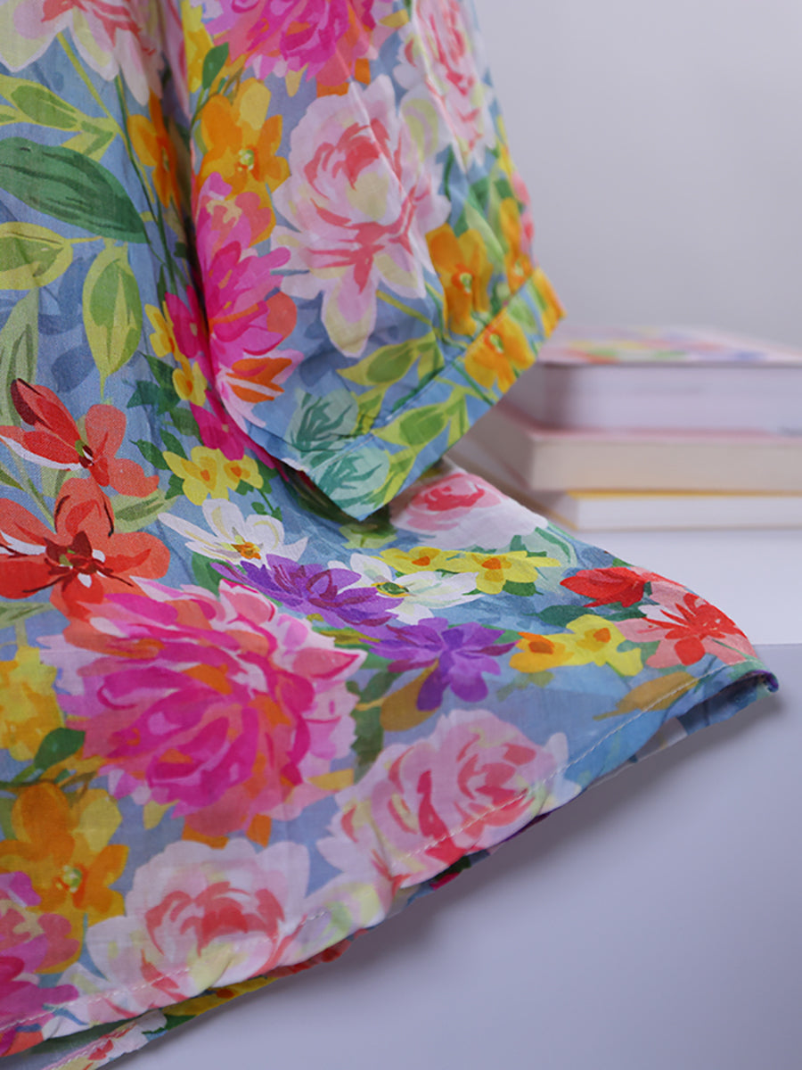 Women Summer Artsy Flower Turn-down Collar 100%Linen Shirt