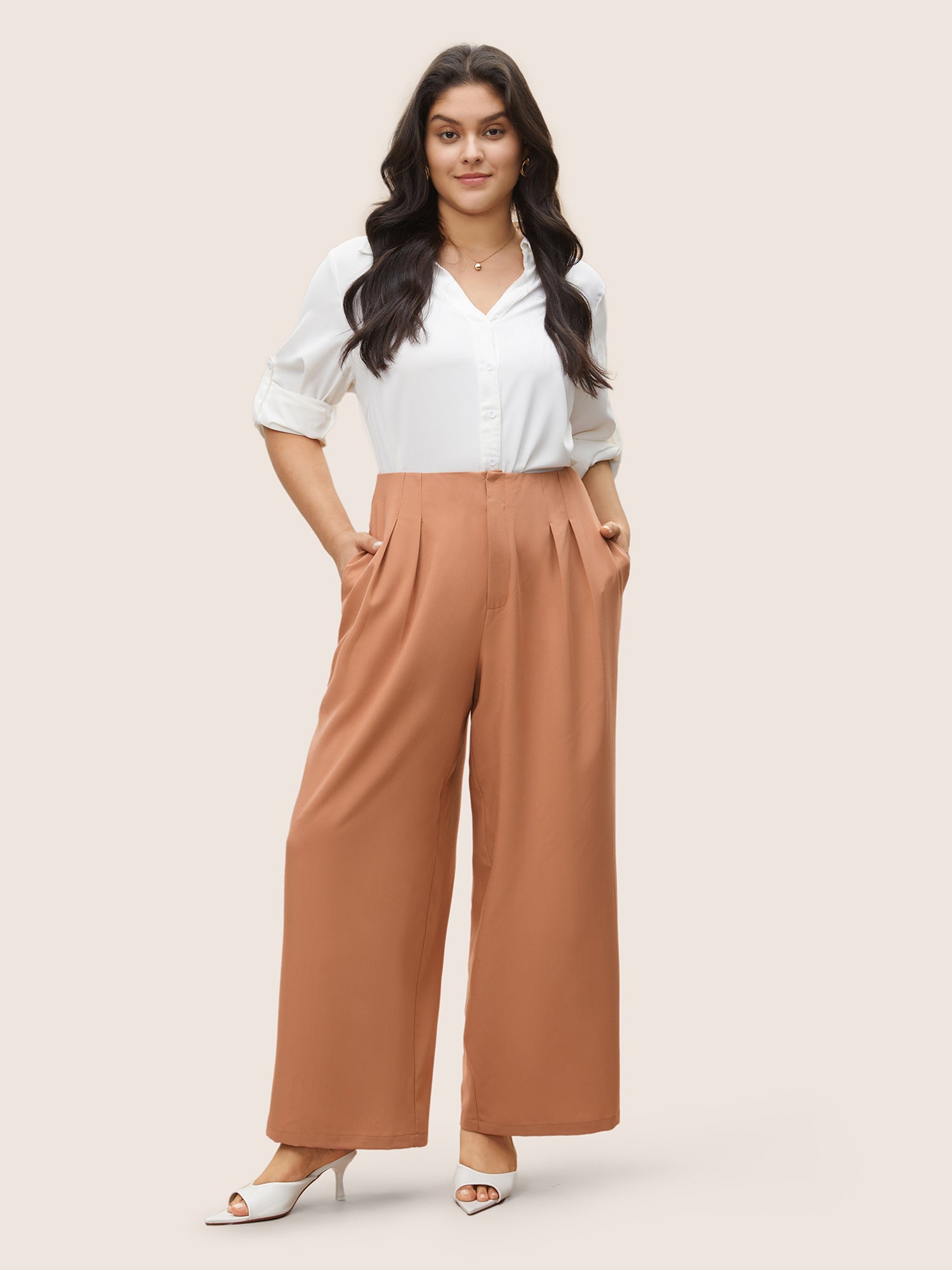 Plain Zipper Fly Pleated Wide Leg Pants