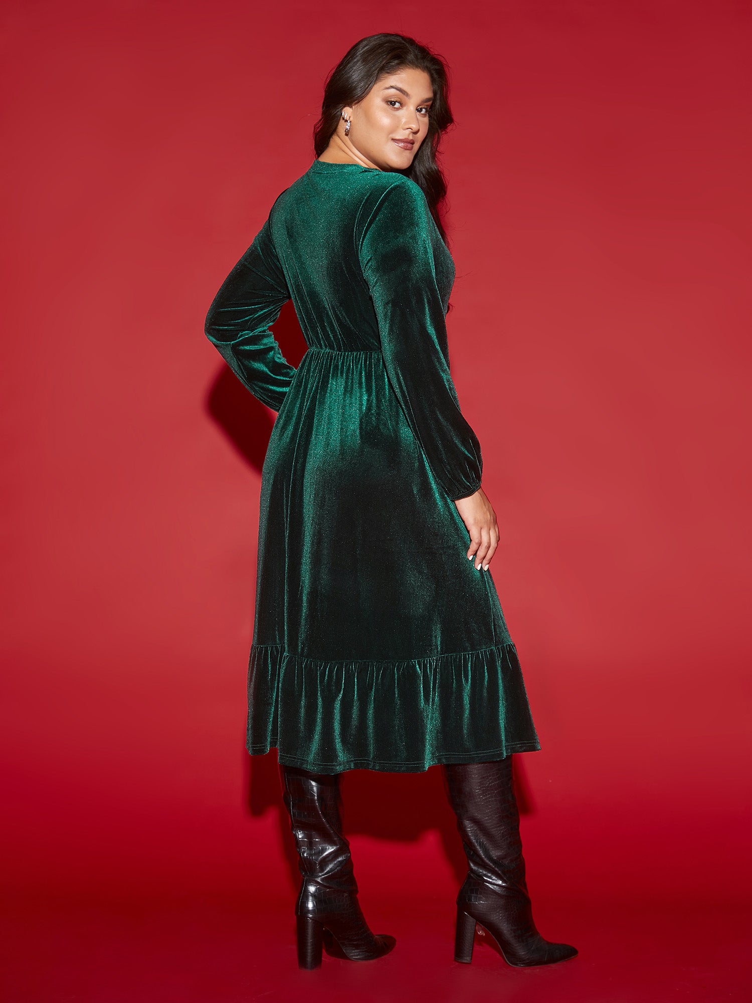 Velvet Front Button Pleated Midi Dress