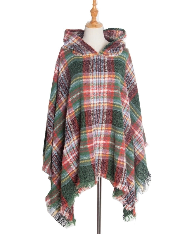 Direct New Cape Europe And The United States Spring And Autumn And Winter New Barbed Wool Pullover Plaid Hat Cape Shawl