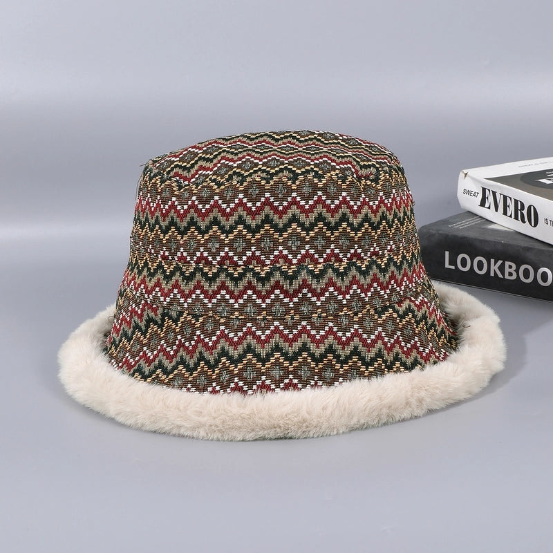 Women's Casual Vacation Ethnic Style Color Block Plush Wide Eaves Bucket Hat