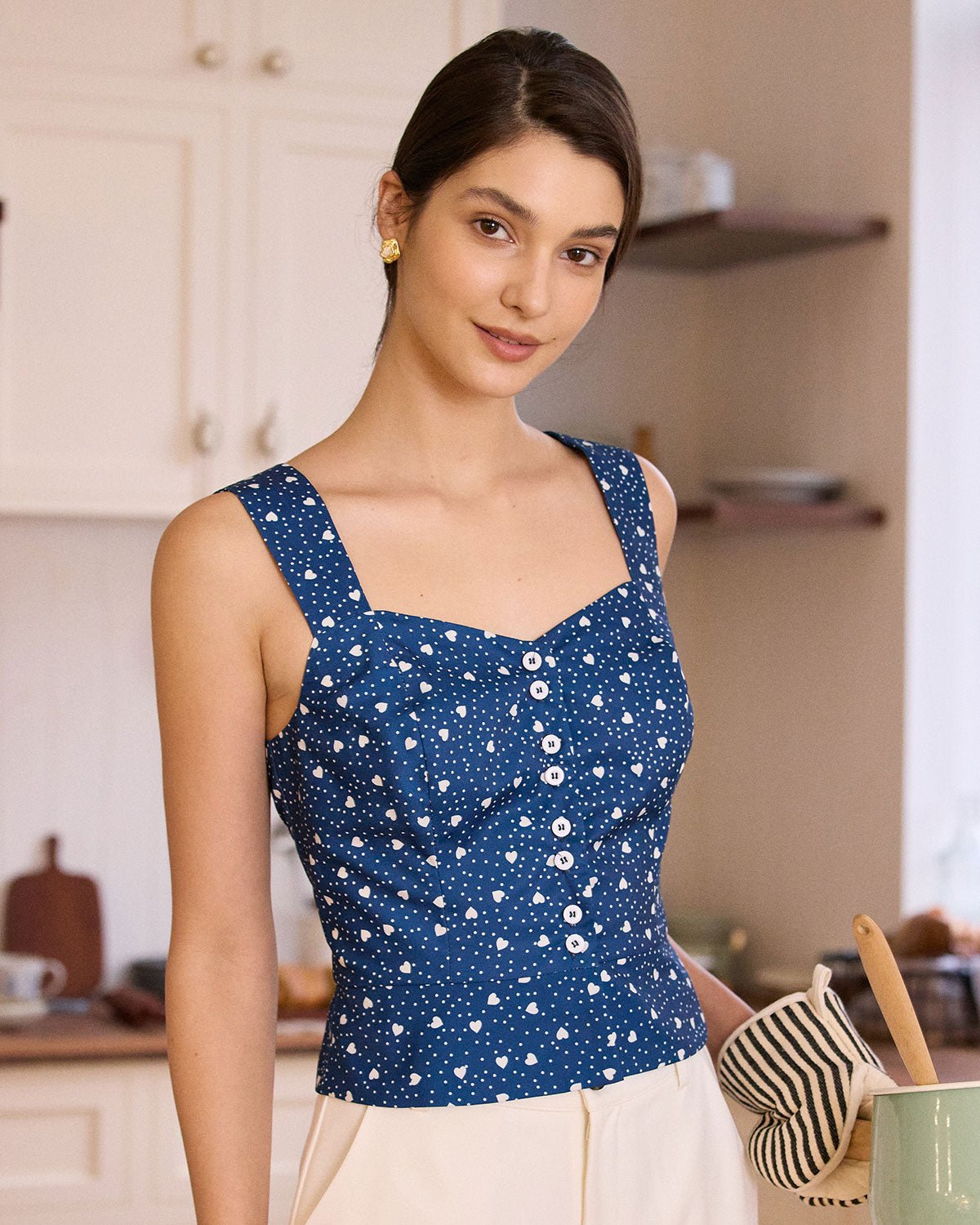 The Blue Sweetheart Neck Polka Dot Tank Top