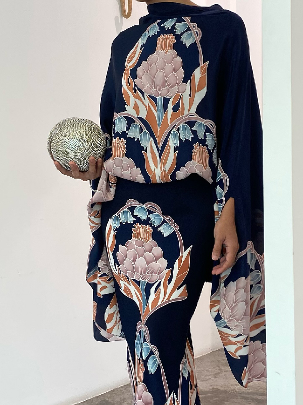 Batwing Sleeves Loose Flower Print Mock Neck Blouses&Shirts Tops