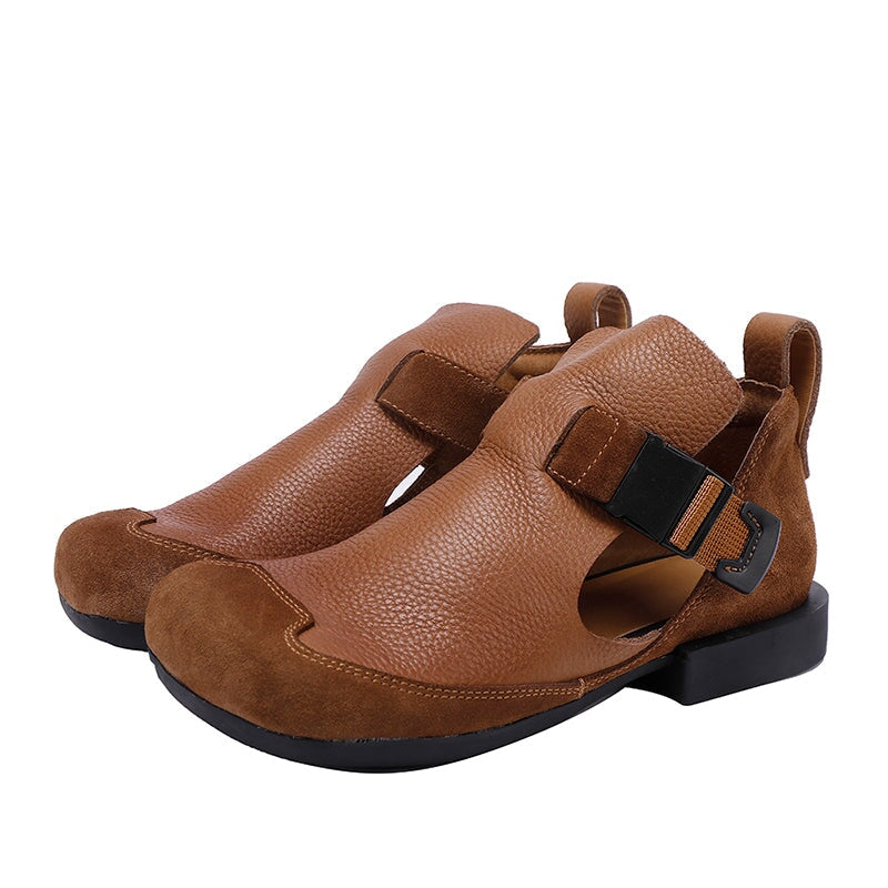 Full-Grain Leather Block Heel Suede Toe Cap Sandals with Buckle Closure in Black/Brown