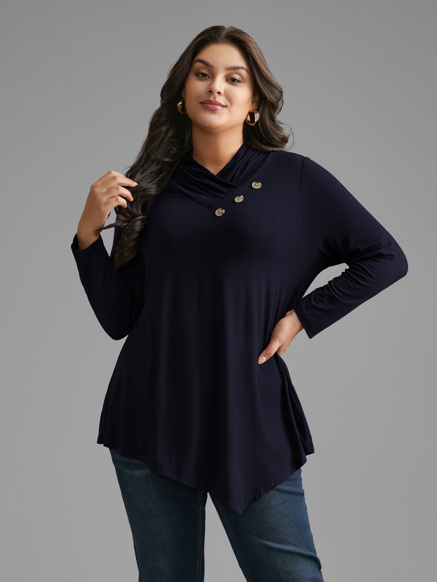 Solid Button Detail Asymmetrical Hem Jersey Top