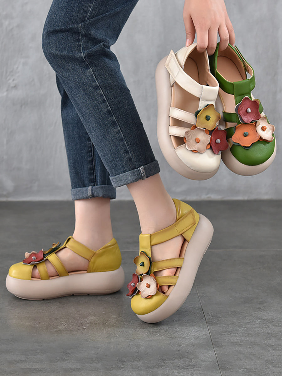 Women Summer Genuine Leather Flower Platform Sandals