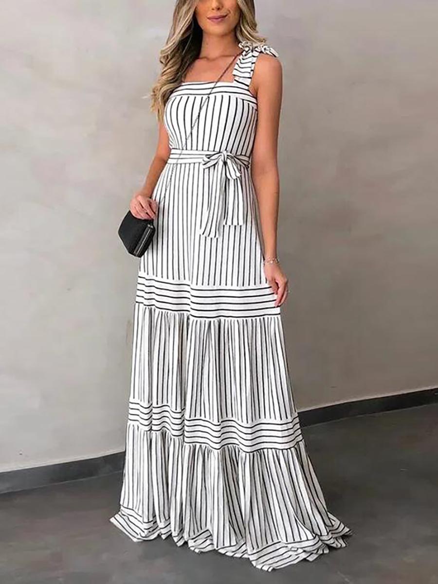 Stripe Bow Tie Belted Maxi Dress