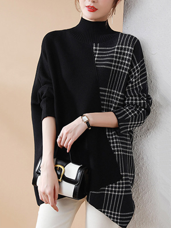 Casual Loose 3 Colors Split-Joint Plaid High-Neck Batwing Long Sleeves Sweater Top