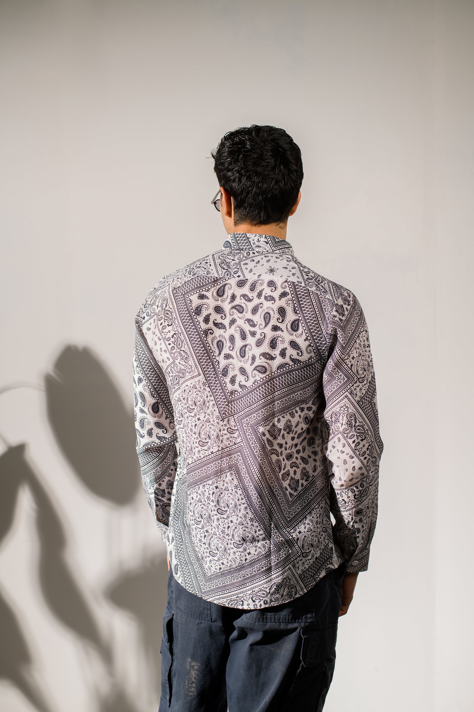 Rustic Boho White Bandana  Silk - Oxford Collar Shirt For Men