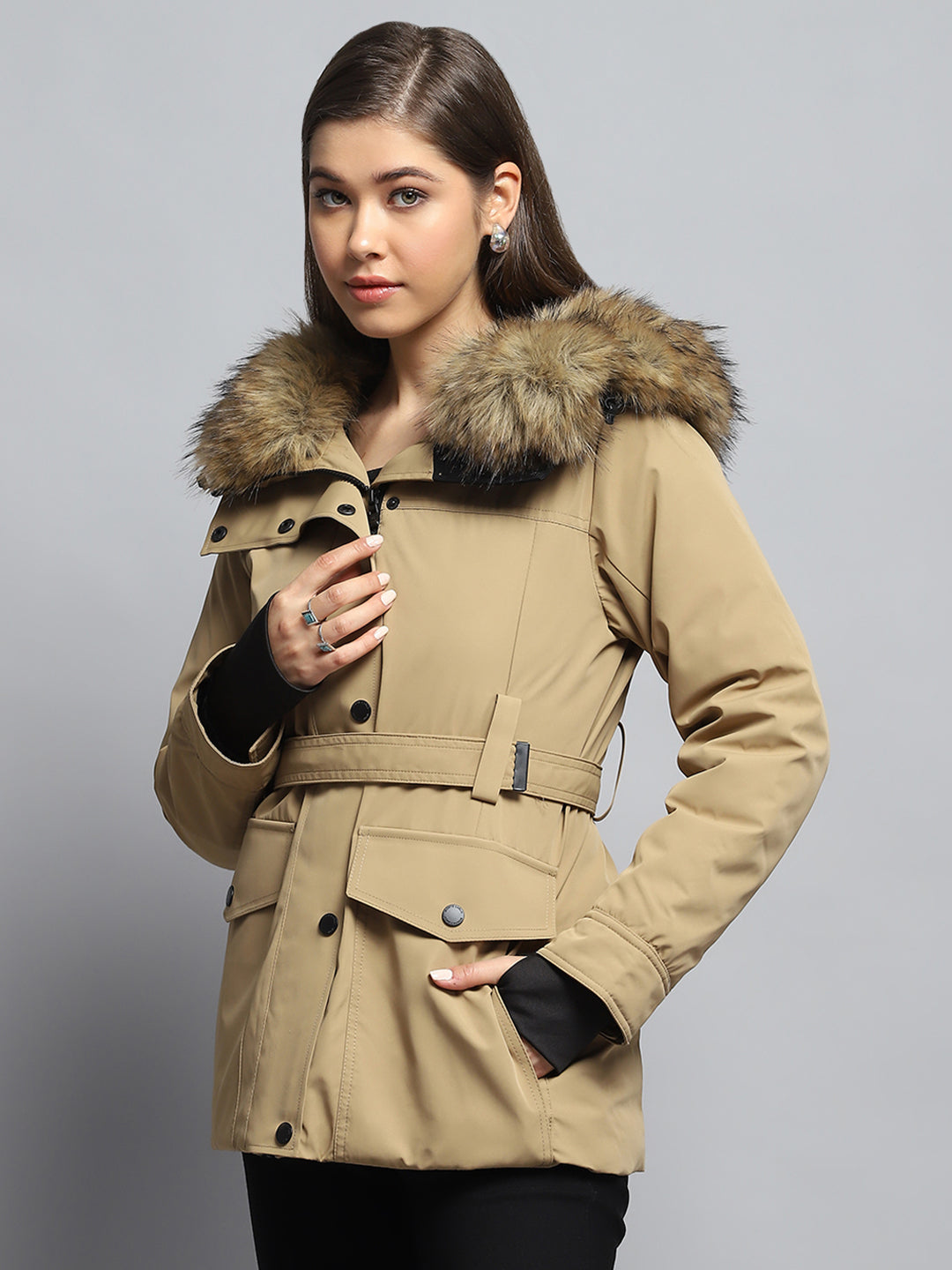 Women Khaki Solid Hooded Full Sleeve Jacket