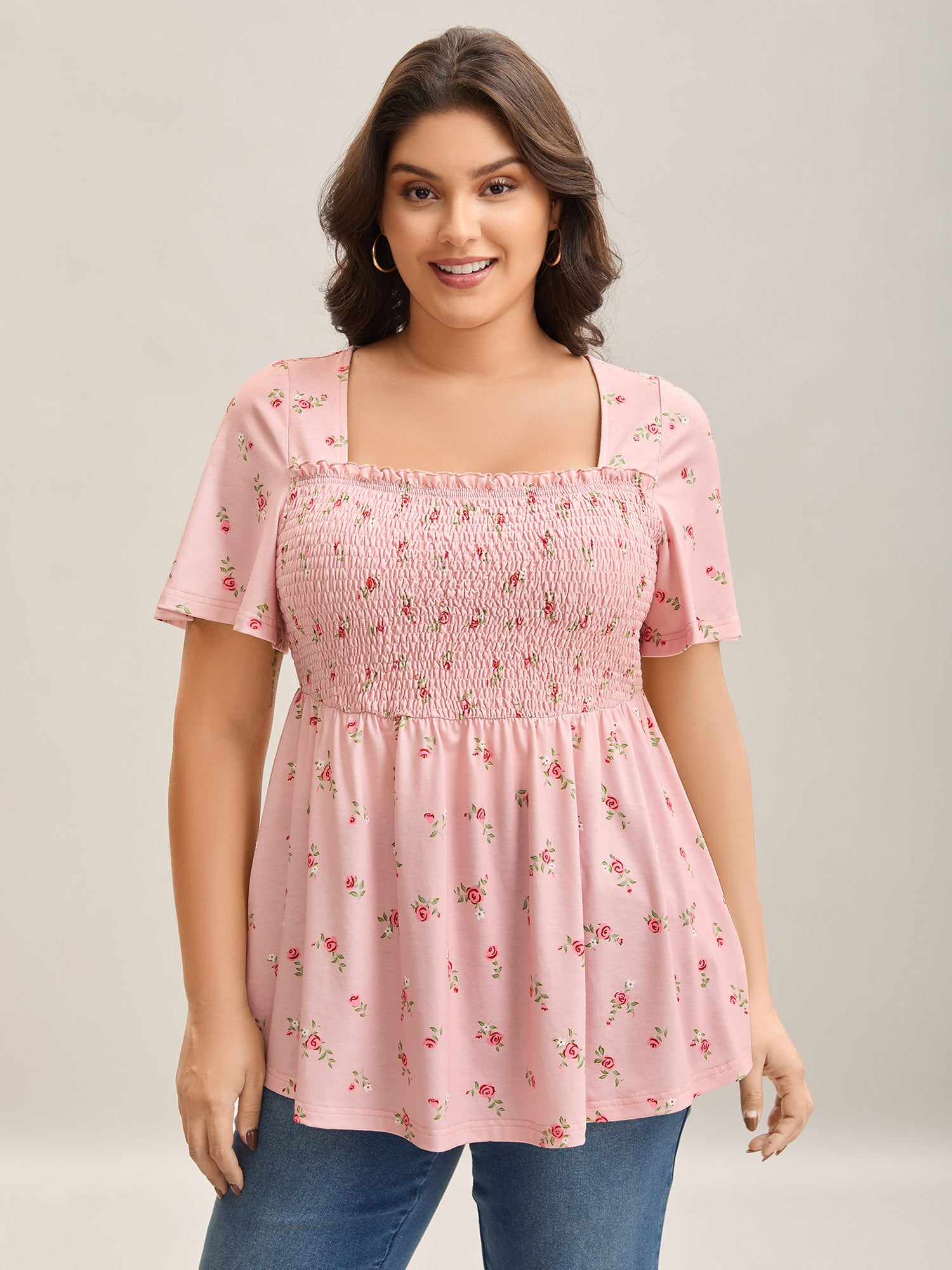 Flirty Floral Print Shirred Knit Top