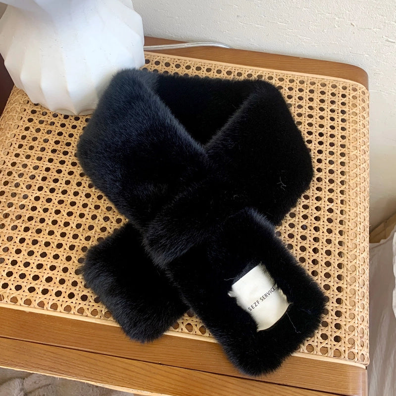 White Logo Plush Collar Scarf For Women Autumn And Winter  Warm Fashion All-match Cross Scarf