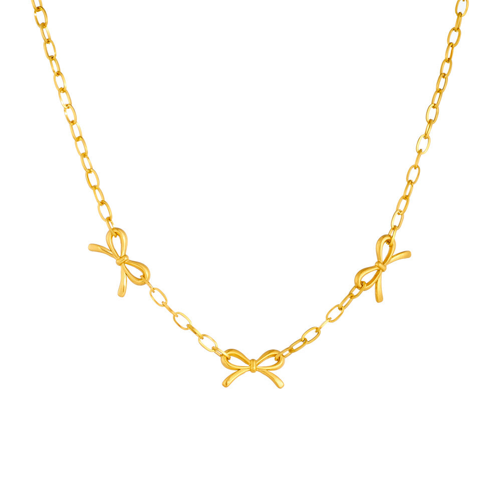 Fashion Simple Punk Retro Metal Gold Plated Stainless Steel Cross Chain Bow Accessories Necklace