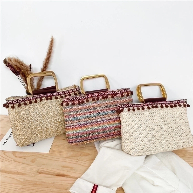 Women's Medium All Seasons Straw Solid Color Basic Streetwear Square Zipper Handbag Straw Bag