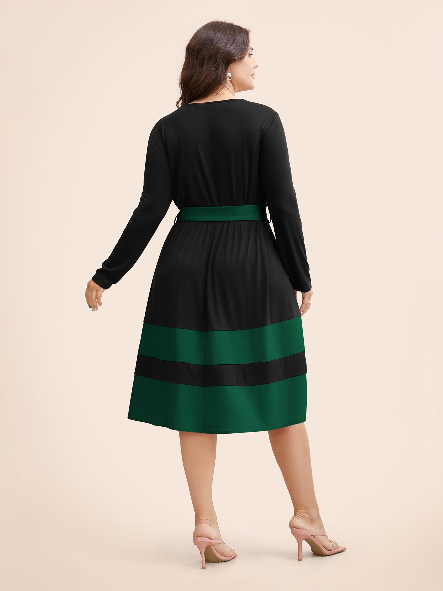 Two Tone Belted Bowknot Square Neck Dress