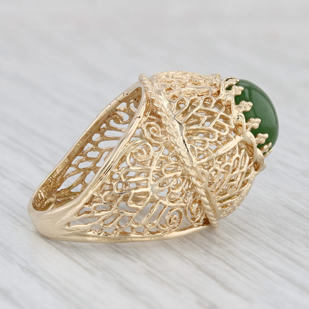 Green Nephrite Jade Ornate Openwork Ring 14k Yellow Gold Size 6.25 Cocktail
