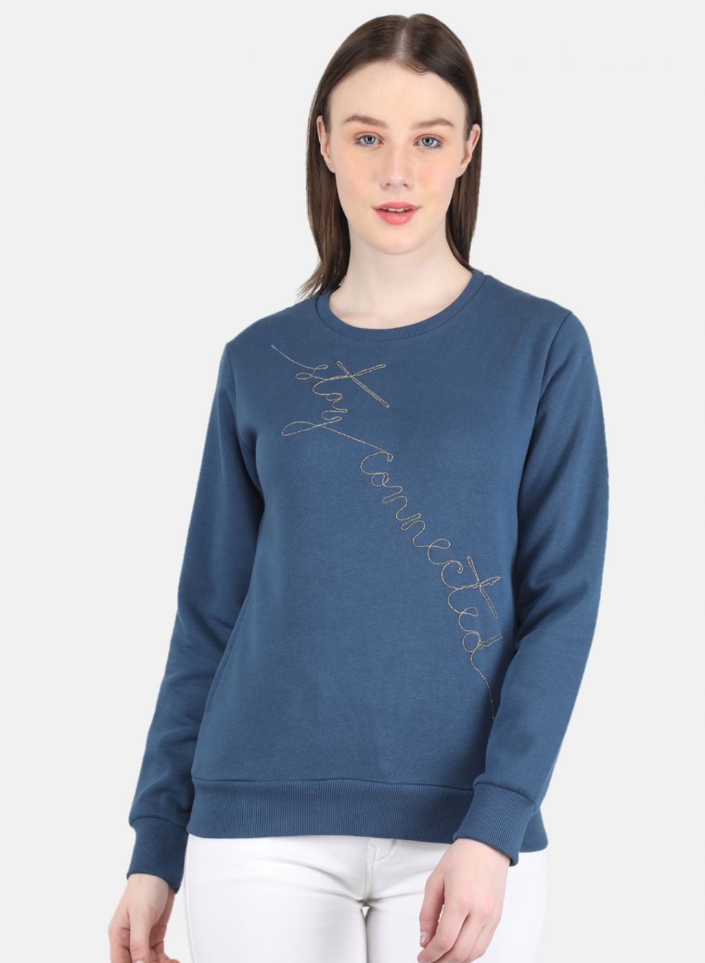 Women Blue Embroidered Round Neck Full Sleeve Sweatshirt