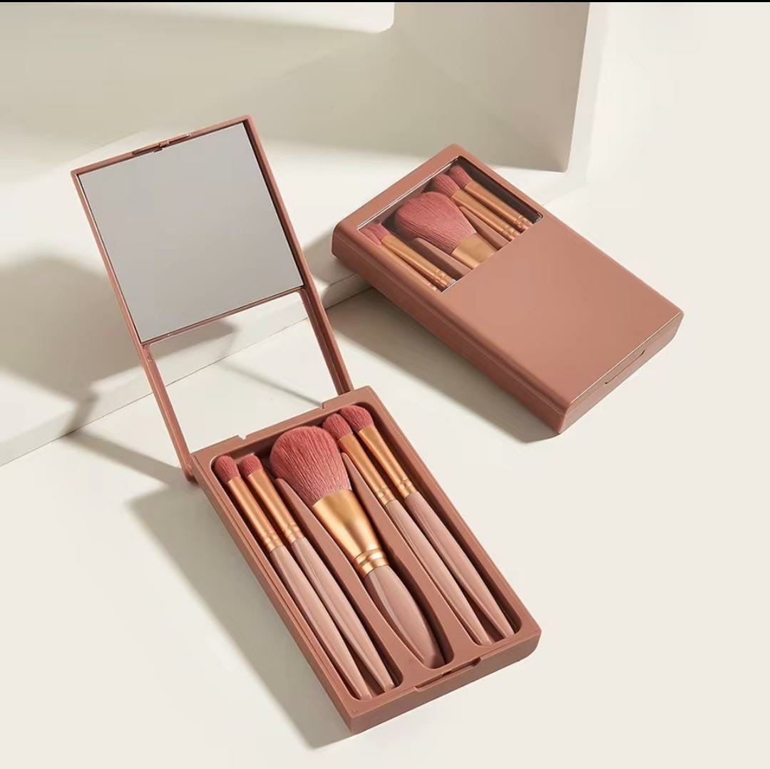 5-Piece Mini Makeup Brush Set with Mirror & Protective Case