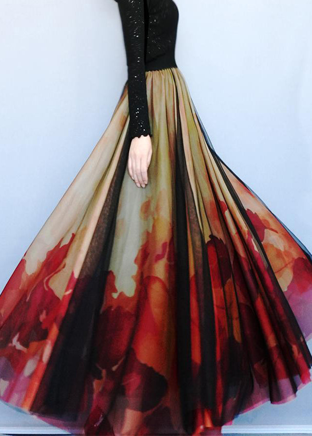 Stylish Gradient Color Print High Waist Tulle Skirts Spring