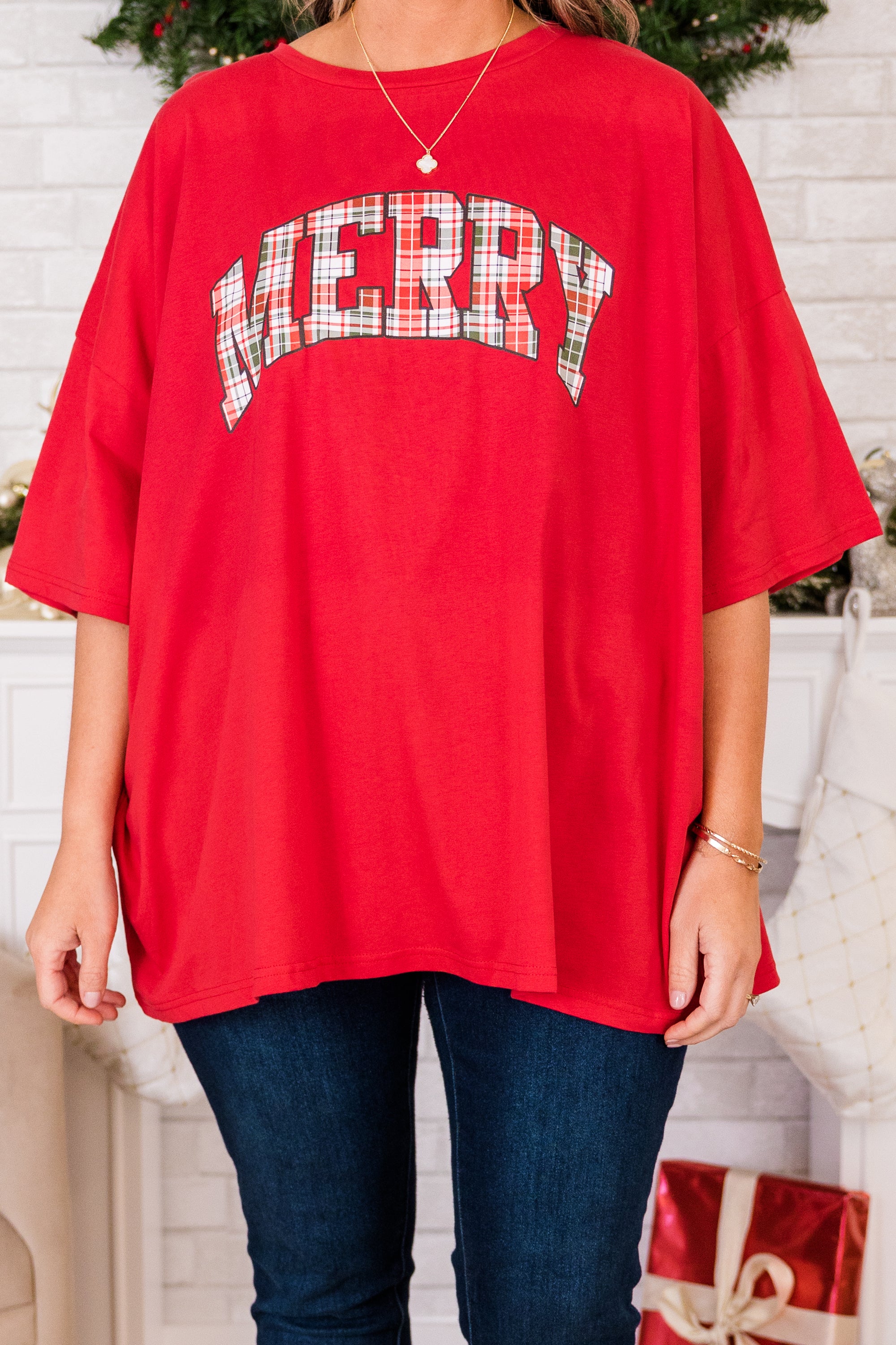 Merry and Plaid Boyfriend Tee. Red