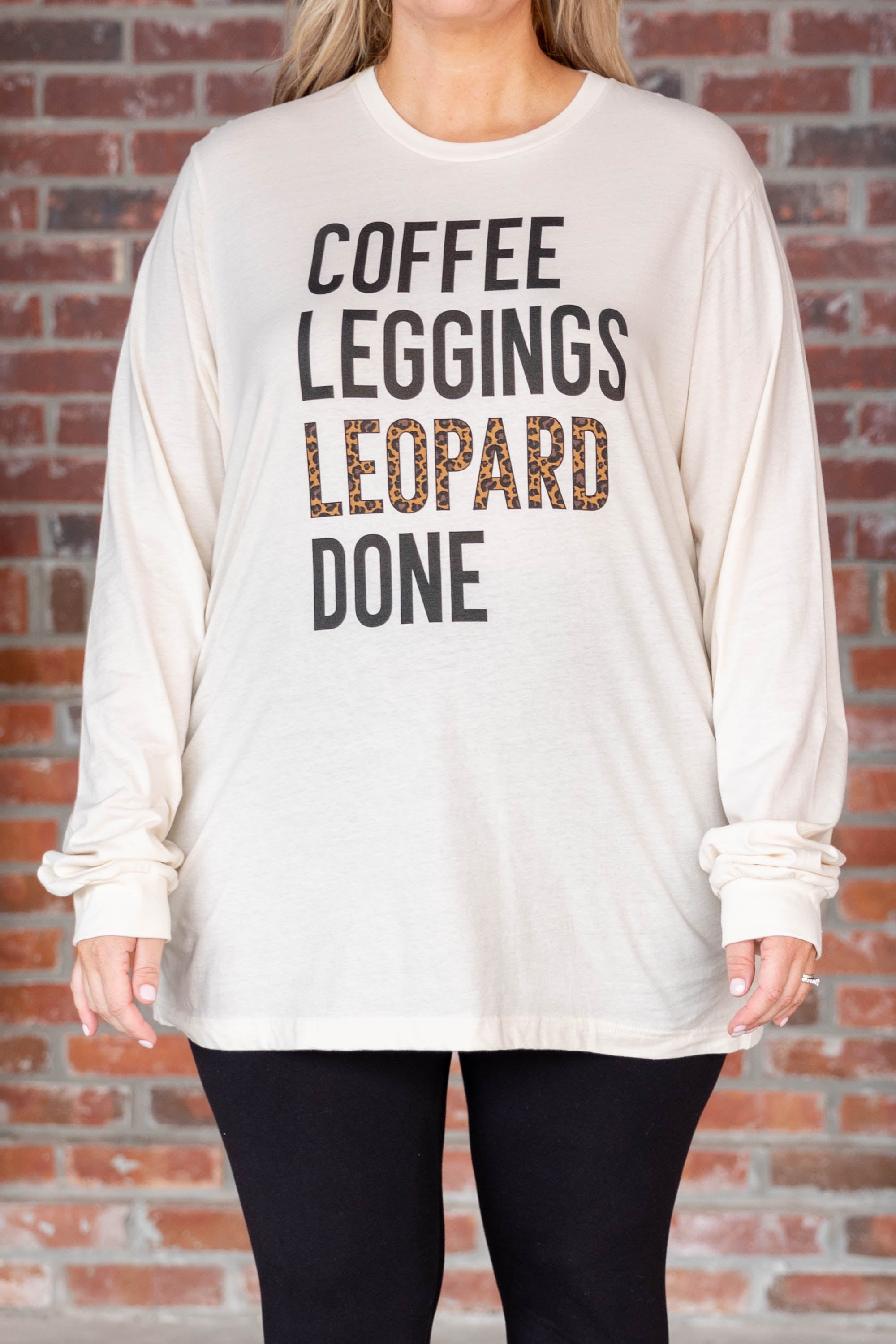 Coffee. Leggings. and Leopard Top. Natural