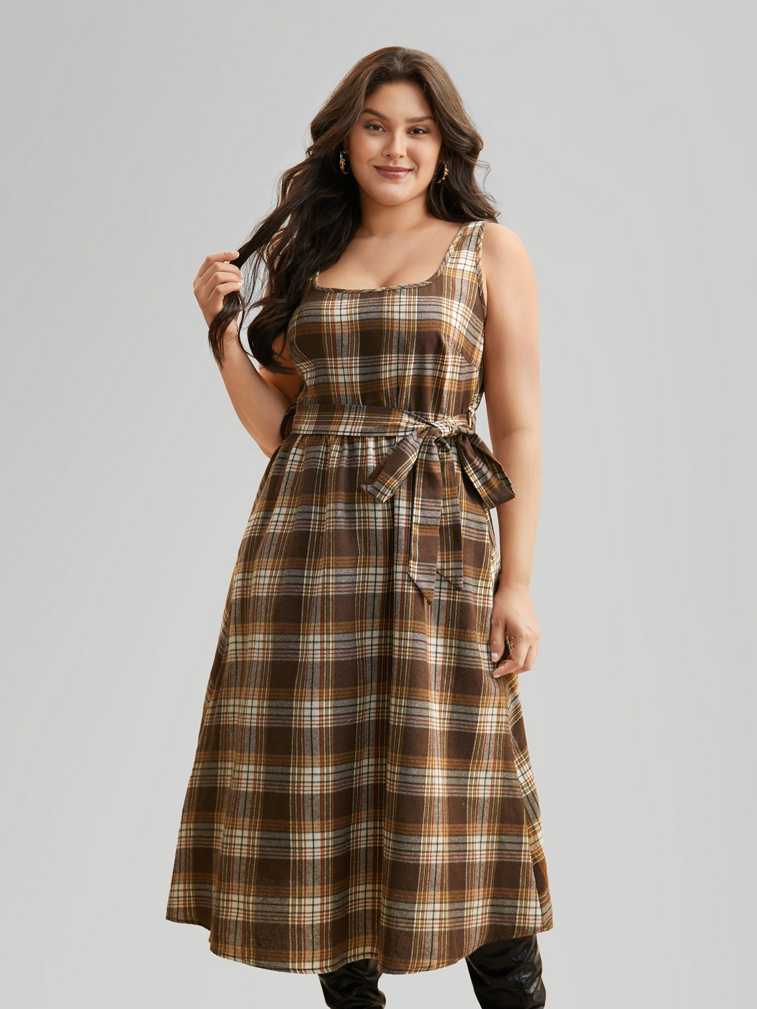 Square Neck Plaid Belted Dress