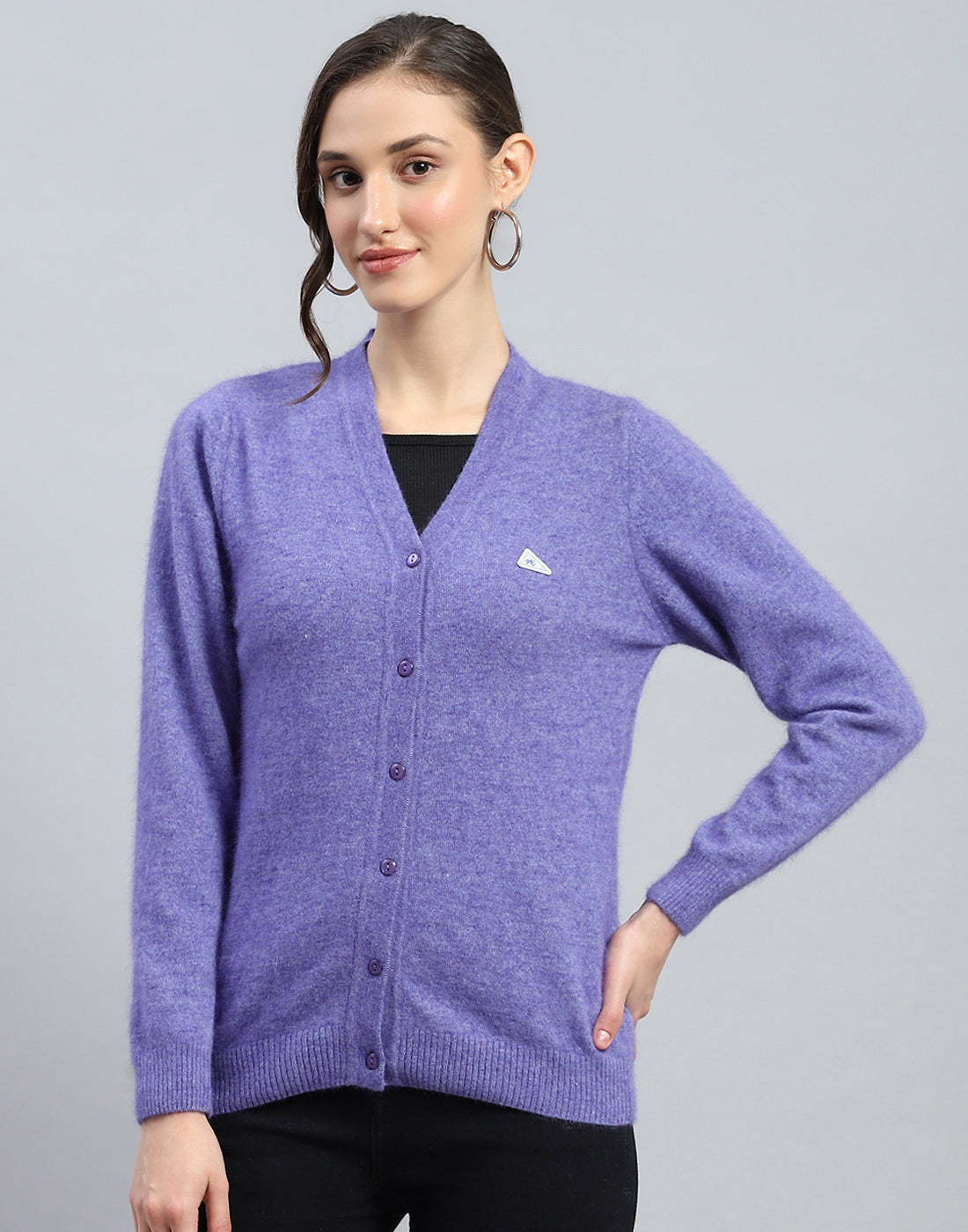 Women Purple Solid V Neck Full Sleeve Cardigan