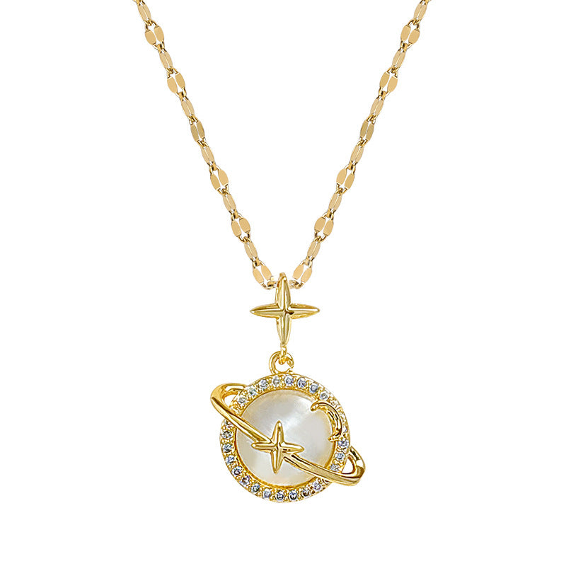 Micro-Inlaid Real Gold Cat'S Eye Planet Necklace Female Clavicle Chain Niche Design