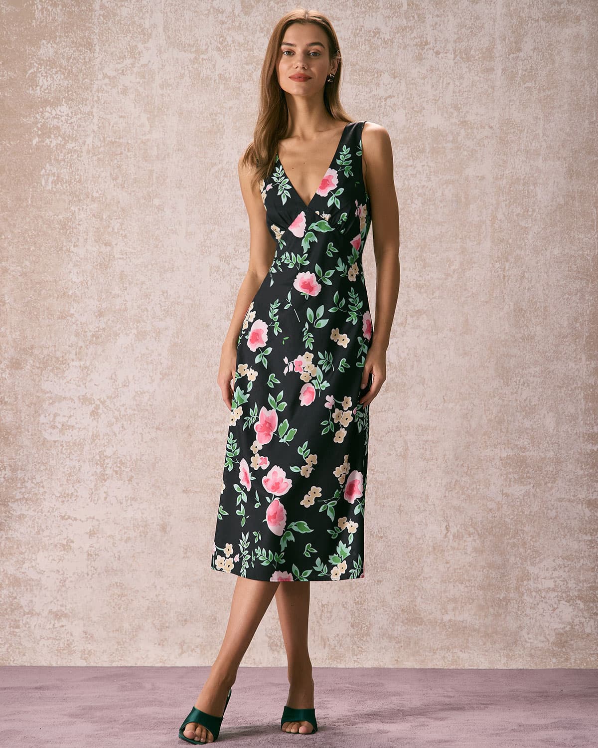 The Black V Neck Tie Back Floral Midi Dress