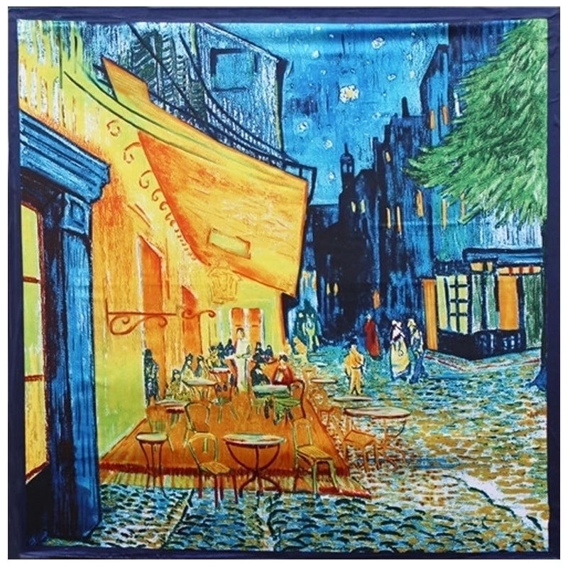 90cm Oil Painting Coffee House Alley Satin Ladies Large Square Scarf