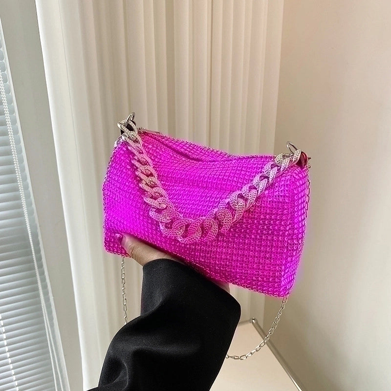 Women's Small Pu Leather Solid Color Fashion Rhinestone Chain Square Zipper Crossbody Bag