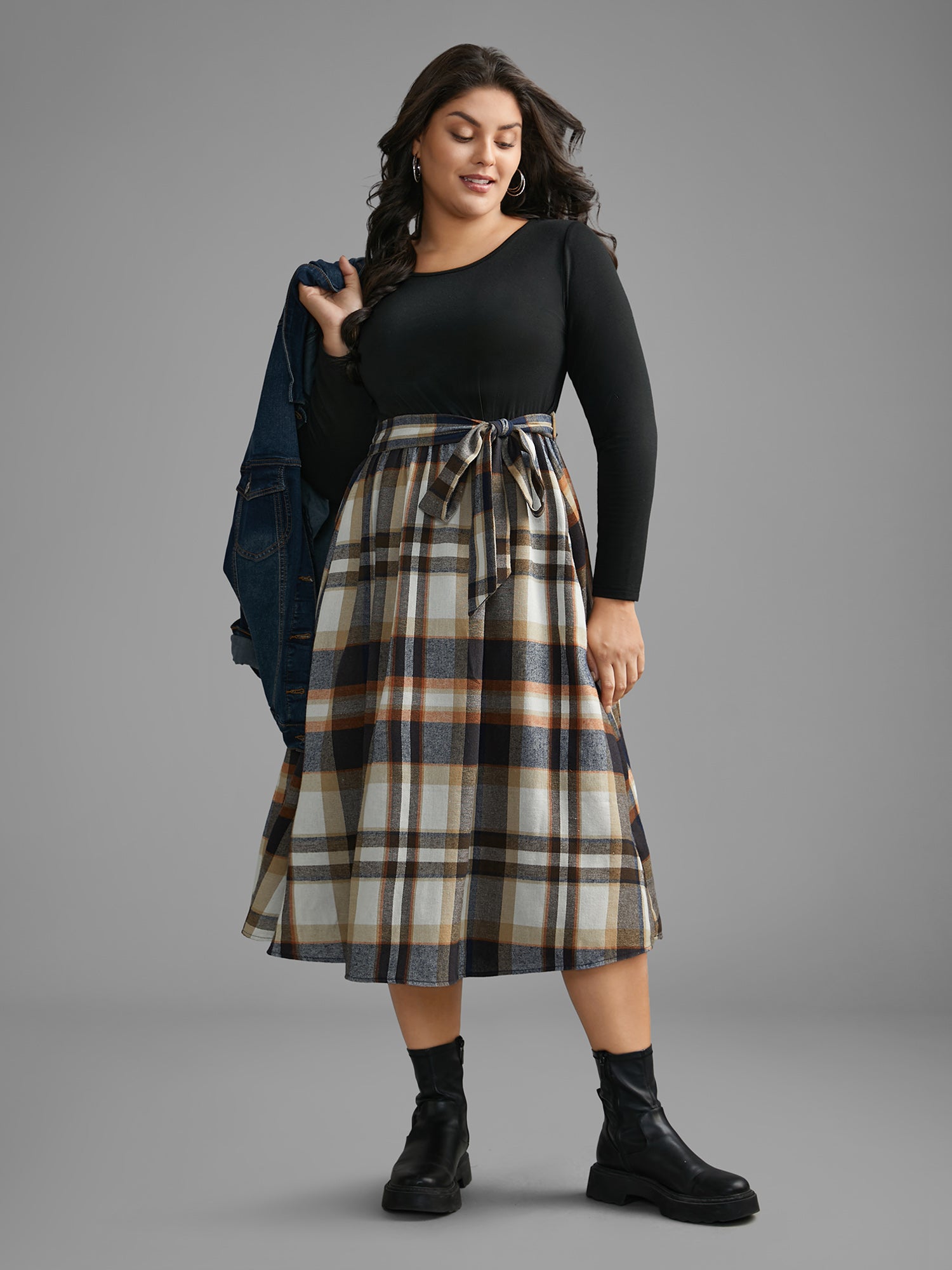 Plaid Patchwork Elastic Waist Belted Dress