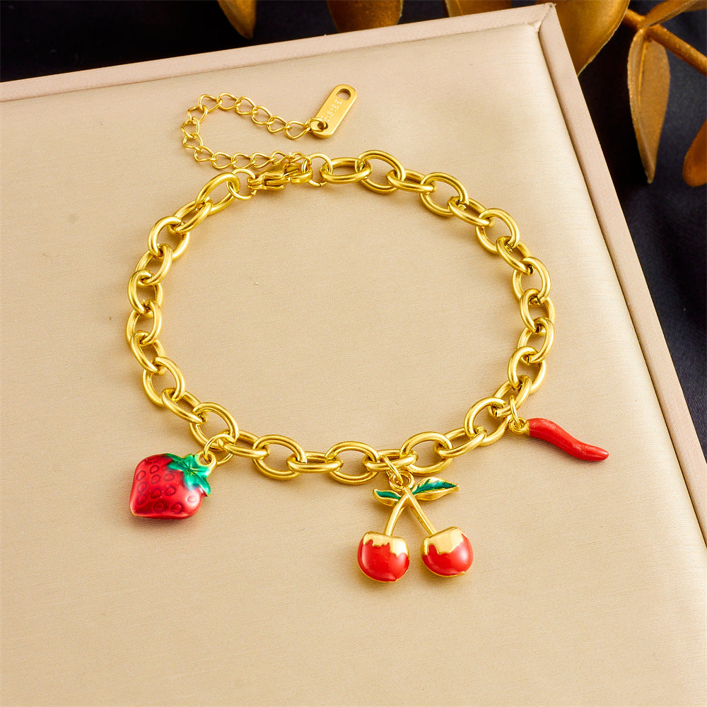 Sweet Forest Cherry Love Lock Pendant Female Ins All-Match Stainless Steel Gold-Plated Bracelet Summer Jewelry