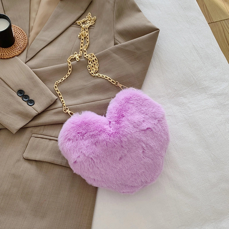Women's Plush Solid Color Cute Heart-shaped Zipper Crossbody Bag