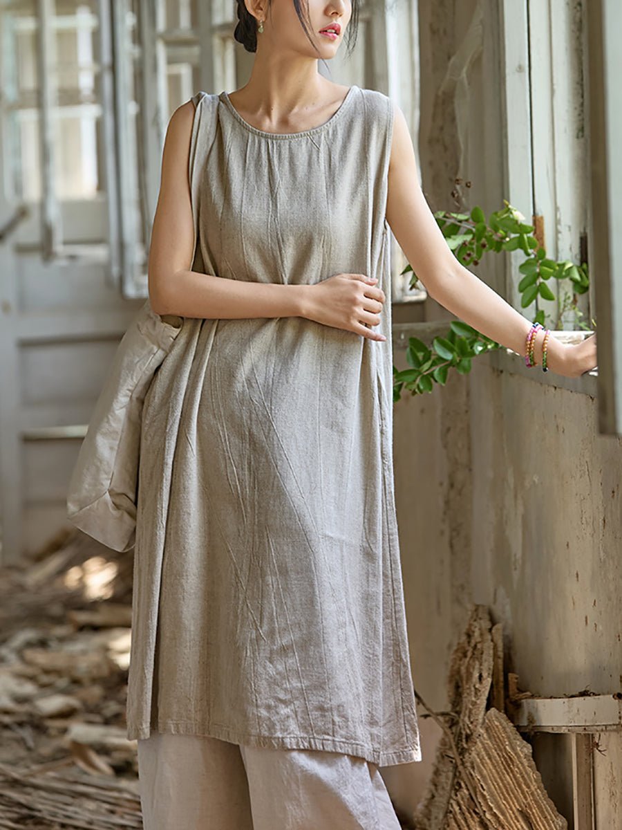 Women Summer Pure Color O-Neck Linen Vest Dress