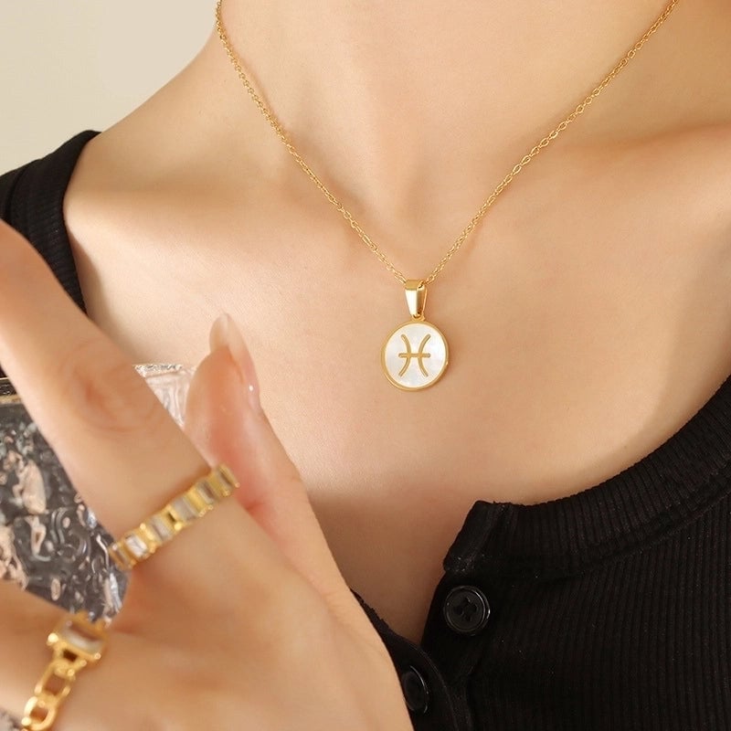 Retro Constellation 304 Stainless Steel Shell 18K Gold Plated Inlay Pendant Necklace