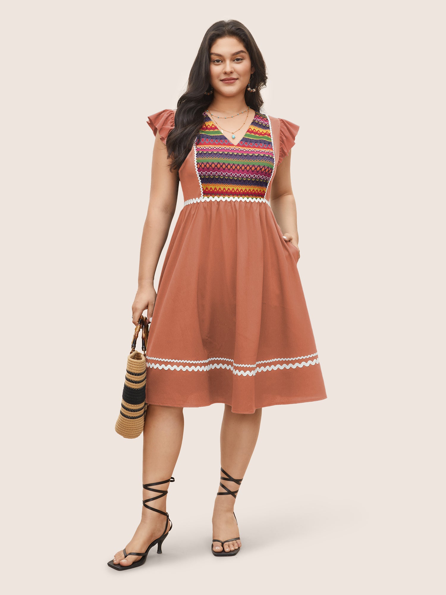 Color Embroidered Patchwork Flounce Sleeve Dress