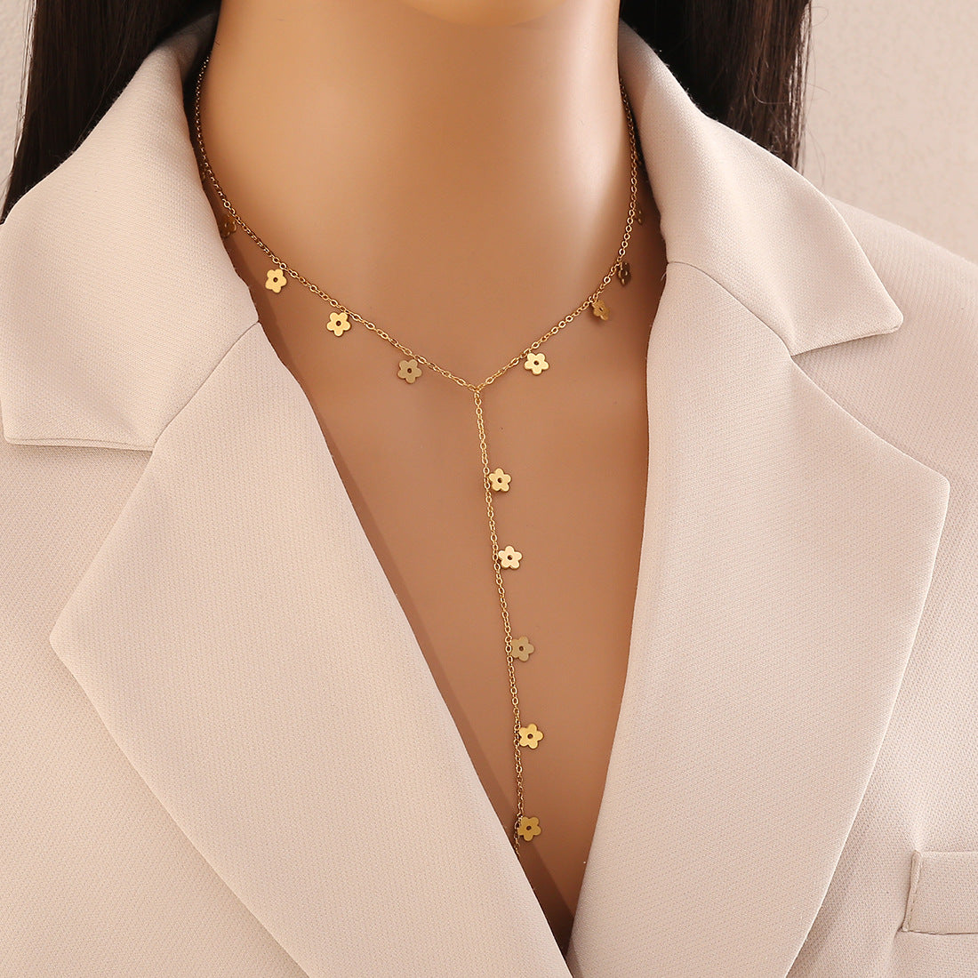 Fashionable Love Y-Shaped Necklace Cross Flower Stainless Steel Clavicle Chain N1459