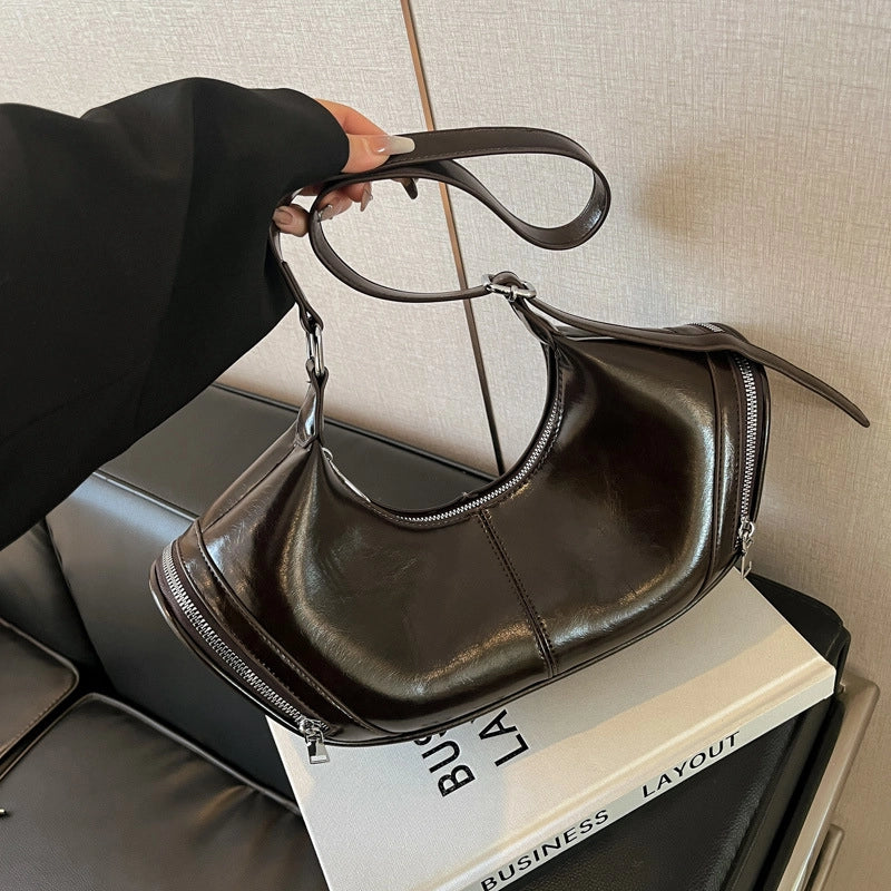 Women's Pu Leather Solid Color Classic Style Sewing Thread Dumpling Shape Zipper Crossbody Bag