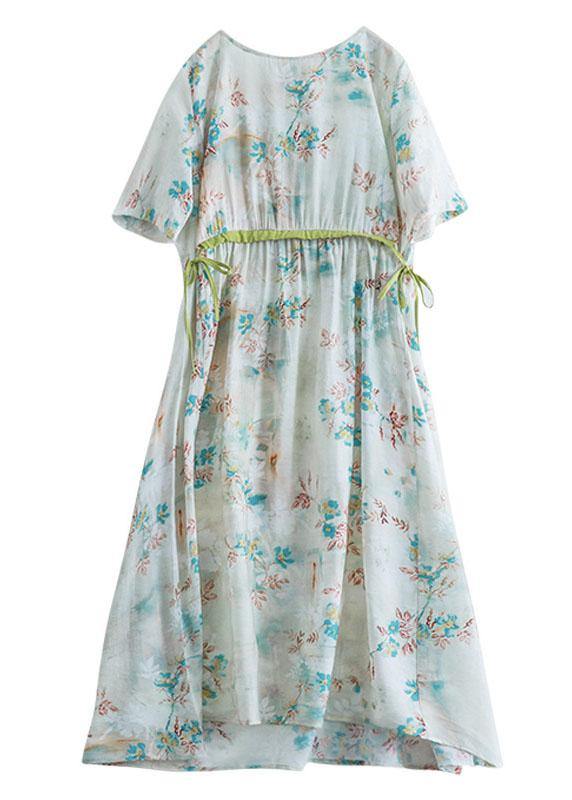 Italian Light Green Drawstring Patchwork Print Summer Cotton Vacation Dresses