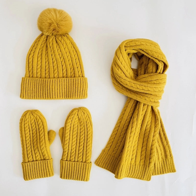 Winter Women's Knitted Hat Scarf Gloves Three-piece Set New Solid Color Plus Velvet Wool Hat Warm Suit