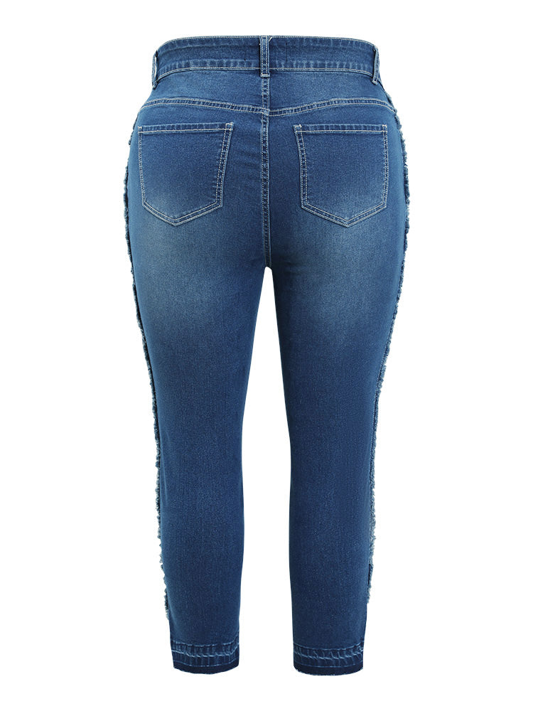 Very Stretchy High Rise Medium Wash Raw Trim Jeans
