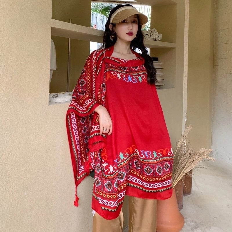 Ethnic Style Shawl Scarf Dual-use Sun Protection By The Sea Beach Scarf Red Large Gauze Scarf Female Desert Travel Photography Summer
